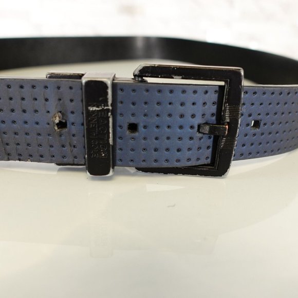 KENNETH COLE REACTION Belt Mens 34 Medium Blue Black Leather Silver Buckle‎ Work - Picture 1 of 11